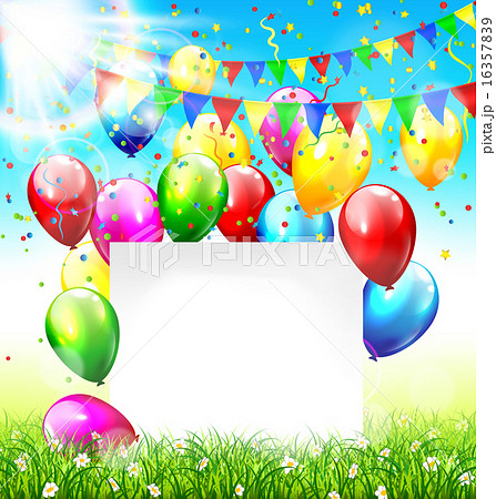 Frame buntings balloons grass confetti and sun 16357839