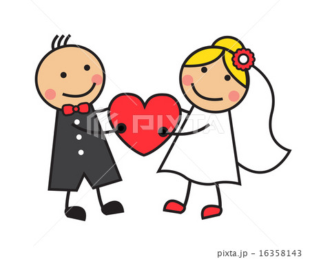 Cartoon bride and groom are holding heart Cartoon bride and groom are holding heart 16358143