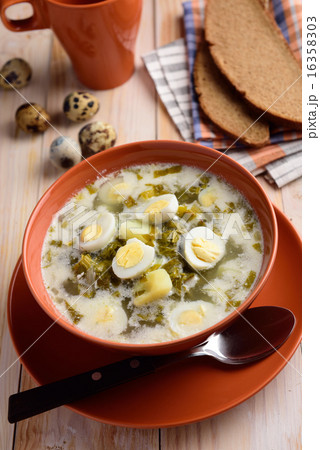Sorrel soup with quail eggs Sorrel soup with quail eggs 16358303