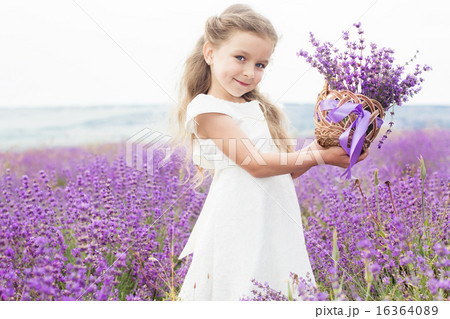 Happy little girl in lavender field with basket of flowers 16364089