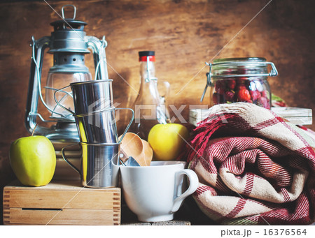 Picnic Set with Vintage objects, Dishes, Fruits 16376564