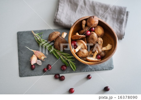 Closeup on mushrooms lingonberries and rosmarinus on table 16378090