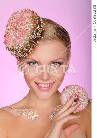 young woman with creative hairstyle from donut young woman with creative hairstyle from donut 16382288