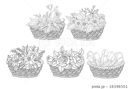 Baskets With Flowers Set Outlineのイラスト素材