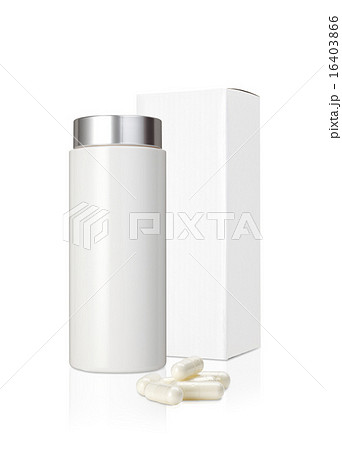 サプリメント/プラスチック製の白いサプリメントのボトルと錠剤とパッケージ 16403866