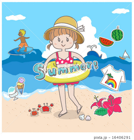 女の子と海と夏のイラスト素材