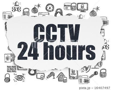 Safety concept: CCTV 24 hours on Torn Paper background Safety concept: CCTV 24 hours on Torn Paper background 16407497