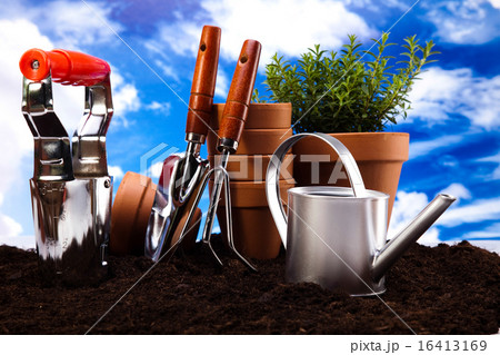 Garden Tools, vivid bright springtime concept Garden Tools, vivid bright springtime concept 16413169