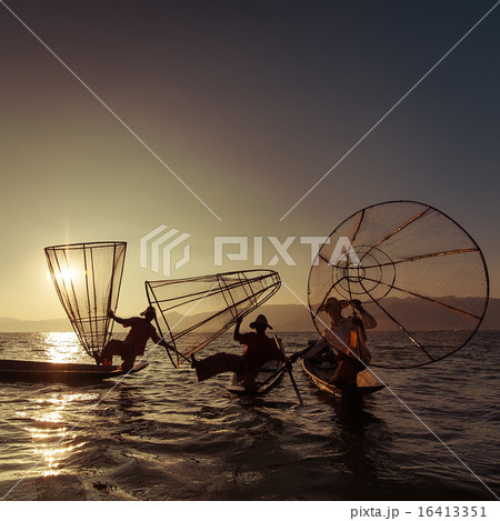 Burmese fisherman catching fish in traditional way Burmese fisherman catching fish in traditional way 16413351