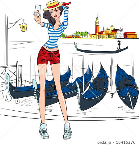 Vector lovely fashion girl  makes selfie in Venice 16415276