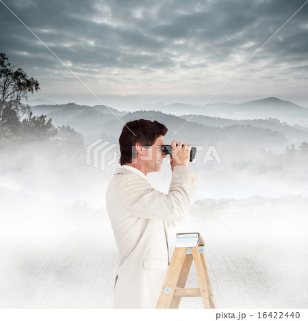 Composite image of businessman looking on a ladder 16422440