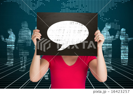 Composite image of casual woman showing board 16423257