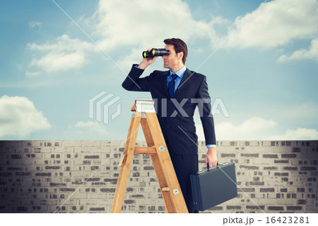 Composite image of businessman looking on a ladder Composite image of businessman looking on a ladder 16423281