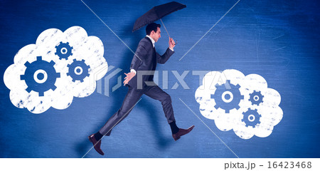 Composite image of businessman jumping holding an umbrella Composite image of businessman jumping holding an umbrella 16423468