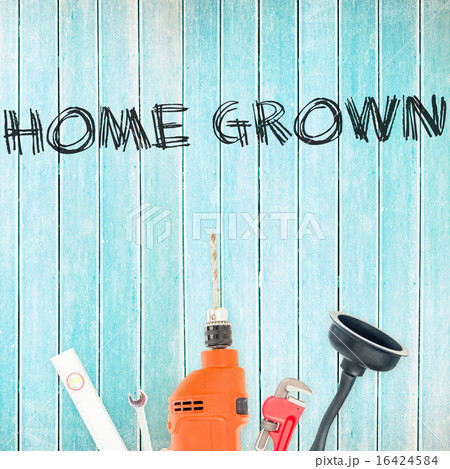 Home grown against tools on wooden background Home grown against tools on wooden background 16424584
