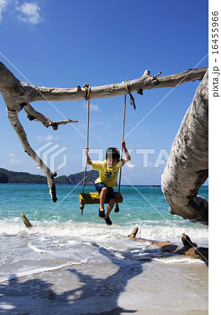ブランコに乗る子供と境浦海岸の背景（父島） 16455966