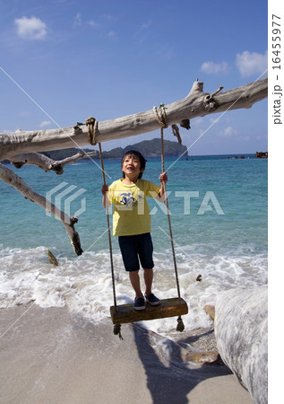 ブランコに立ち乗りする子供と境浦海岸の背景（父島） 16455977