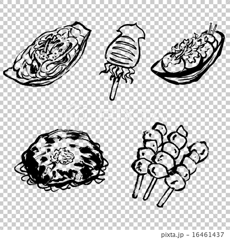 縁日 お祭りの食べ物の筆描きイラスト モノクロ のイラスト素材 16461437 Pixta