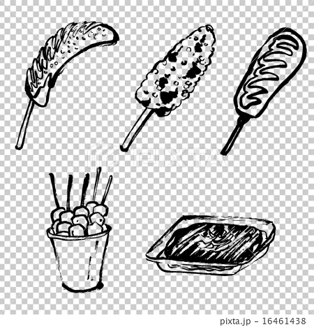 縁日 お祭りの食べ物の筆描きイラスト モノクロ のイラスト素材