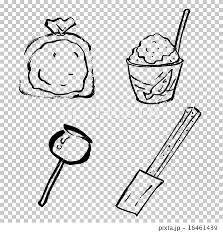 縁日、お祭りの食べ物の筆描きイラスト（モノクロ） 16461439