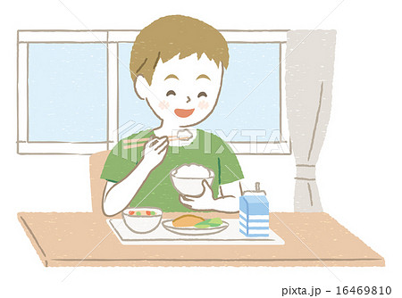 給食を食べる男の子イラストのイラスト素材