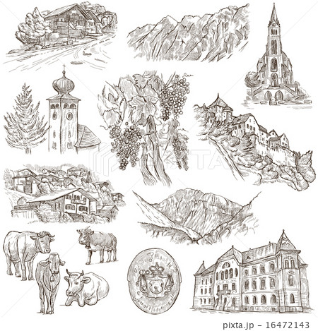 Travel - Liechtenstein. Hand drawings on white. 16472143