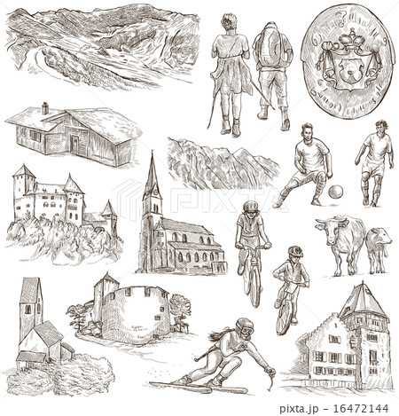 Travel - Liechtenstein. Hand drawings on white. 16472144