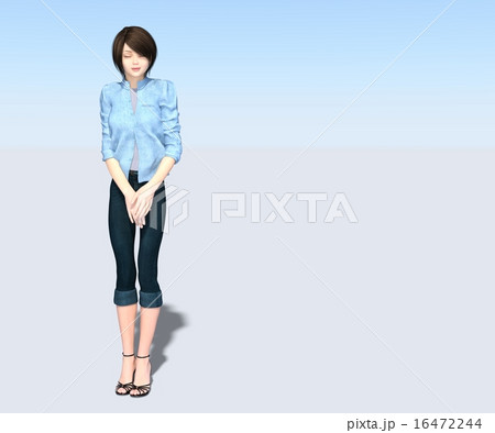 青いシャツとジーンズの若い女性　perming 3DCG イラスト素材 16472244