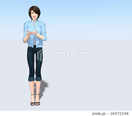 青いシャツとジーンズの若い女性　perming 3DCG イラスト素材 16472246