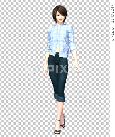Young woman with blue shirt and jeans perming 3DCG illustration material 16472247