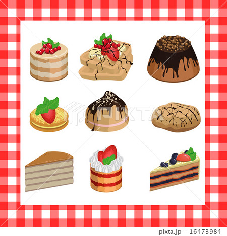 Sweet appetizing cakes on a red plaid background 16473984