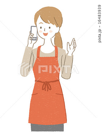 エプロン姿の女性イラスト 電話する のイラスト素材