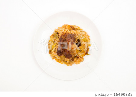 Pork with leeks and rice. Pork with leeks and rice. 16490335
