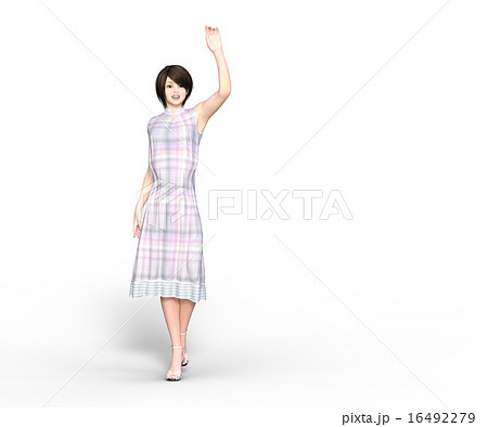 手を上げるかわいいワンピースの女性 Perming3dcgイラスト素材の