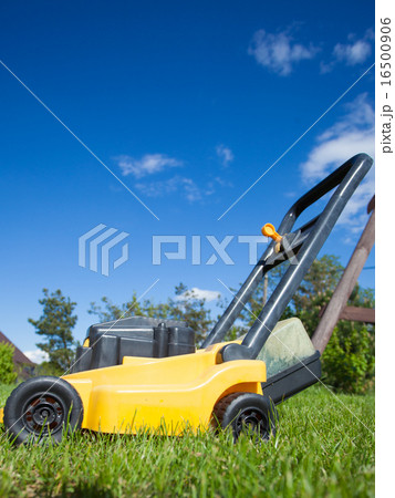 Gardening. Mowing lawn with yellow lawnmower 16500906