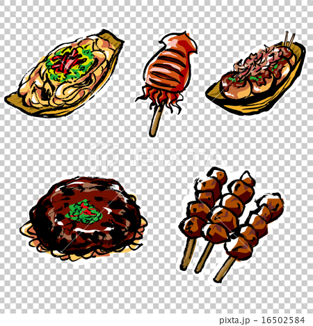 縁日 お祭りの食べ物の筆描きイラスト カラー のイラスト素材