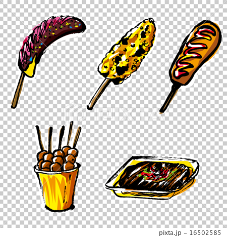 縁日 お祭りの食べ物の筆描きイラスト カラー のイラスト素材