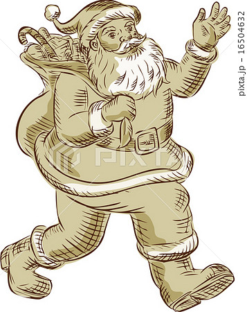 Santa Claus Walking Waving Etching 16504632