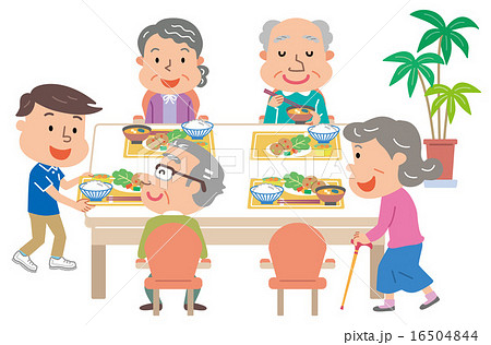 デイサービス 食事の時間 介護スタッフ 高齢者 イラストのイラスト素材