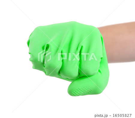 Hand in a rubber glove gesturing fist Hand in a rubber glove gesturing fist 16505827