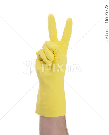 Hand in rubber gloves gesturing, close up 16505828