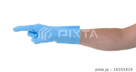 Hand in cleaning glove making a directional sign Hand in cleaning glove making a directional sign 16505829