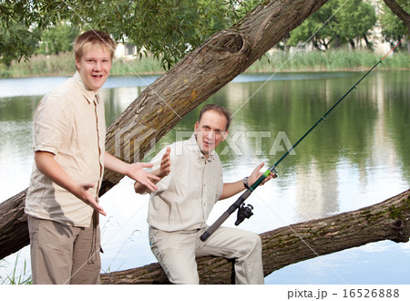 father with the son on fishing, shows the size of  16526888