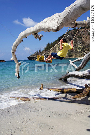 ブランコに乗る子供と境浦海岸の風景（父島） 16527176