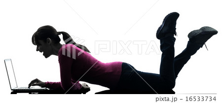 woman laughing computing laptop computer silhouette woman laughing computing laptop computer silhouette 16533734