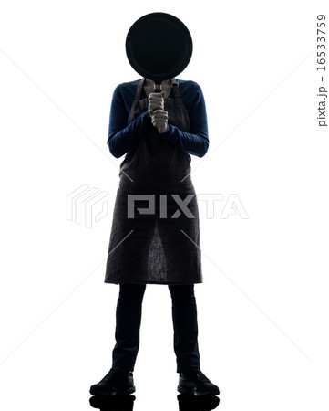 woman cooking hiding behind frying pan silhouette 16533759