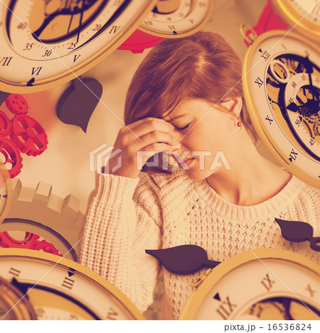 Composite image of sad pretty brunette leaning against wall Composite image of sad pretty brunette leaning against wall 16536824