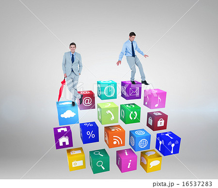Composite image of smiling businessman with umbrella 16537283
