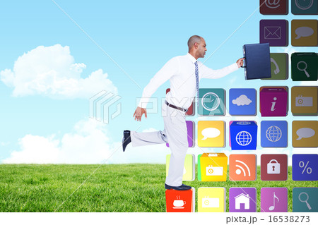 Composite image of businessman running with briefcase Composite image of businessman running with briefcase 16538273