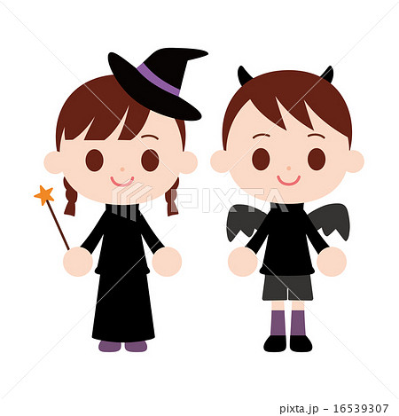 ハロウィンの衣装を着た子供達 魔女と悪魔のイラスト素材